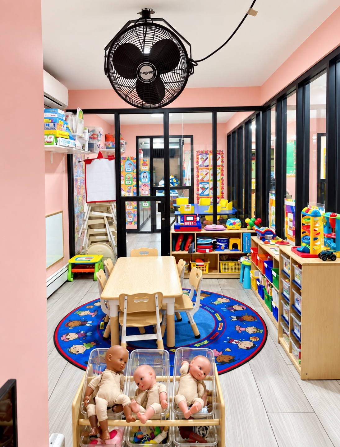 A bright, organized daycare playroom with child-sized furniture, learning toys, and activity areas